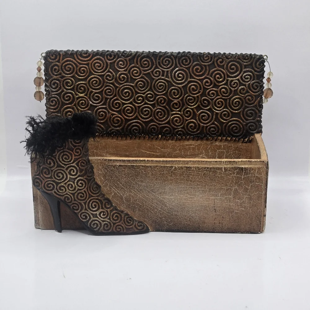 Vanity Organizer Trinket Box Glam High Heel Shoe with Feathers Exotic Design